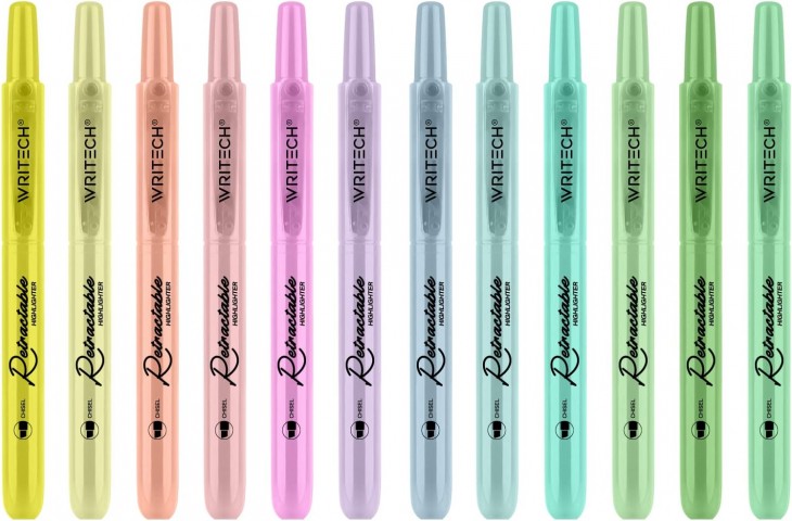 Writech Retractable Highlighter 12'li Basmalı Fosforlu Kalem Seti / ED