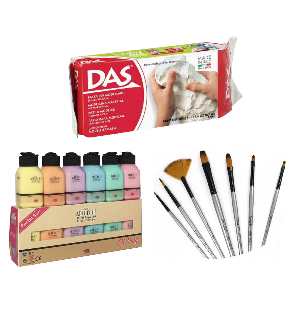 Seramik Başlangıç Seti (Artdeco Akrilik Pastel 6x75ml + Das 500 gr Seramik Kili + Fanart 650 Karma Fırça Seti)
