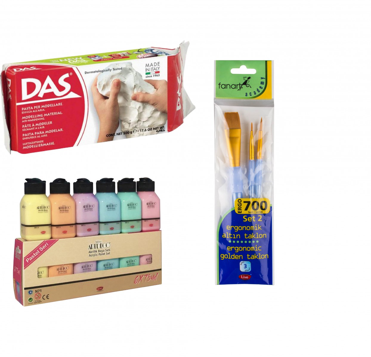 Seramik Başlangıç Seti (Artdeco Akrilik Pastel 6x75ml + Das 500 gr Seramik Kili + Fanart 700 Set 2 Fırça Seti)