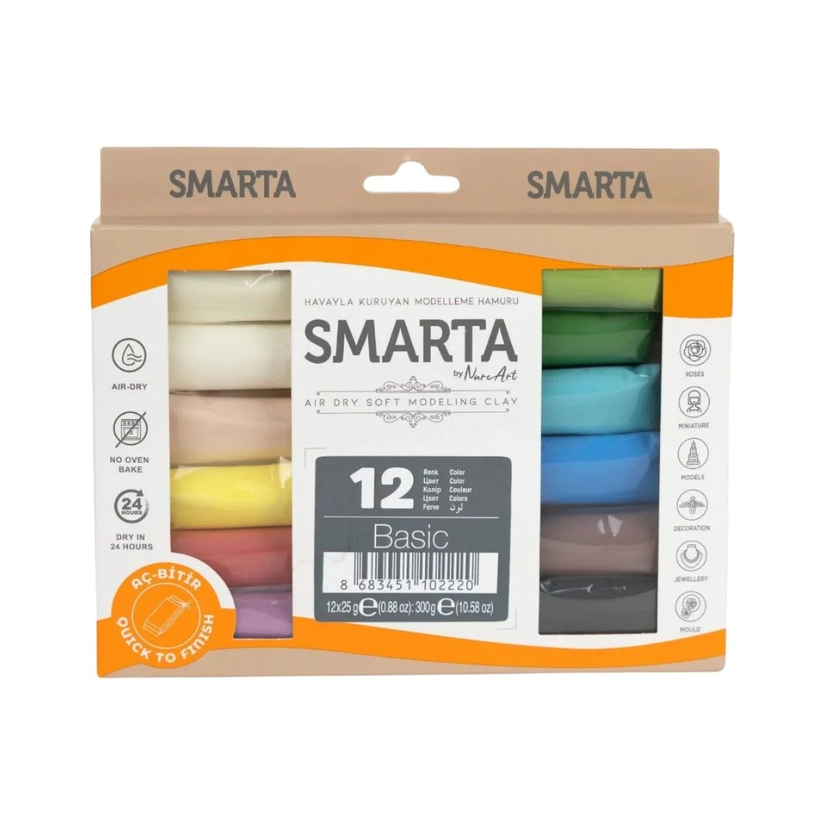 Smarta Air Soft Modelling Clay 12x25gr Hava İle Kuruyan Modelleme Kili Ana Renkler / 3000090