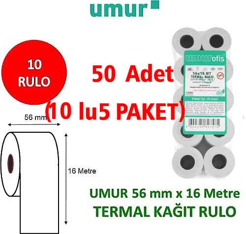 UMUR 56x16 Yazar Kasa Pos Rulosu ( 5 PAKET - 50 Adet ) UMUR 56x16 Yazar Kasa Pos Rulosu ( 5 PAKET - 50 Adet )