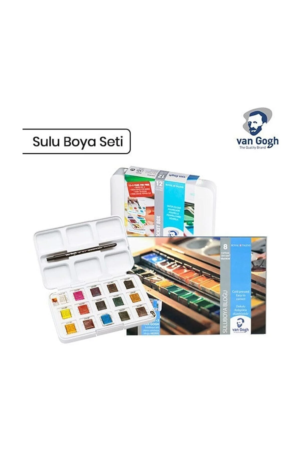 Van Gogh 12+3 Renk Plastik Kutulu Tablet Sulu Boya Seti + Van Gogh Sulu Boya Blok