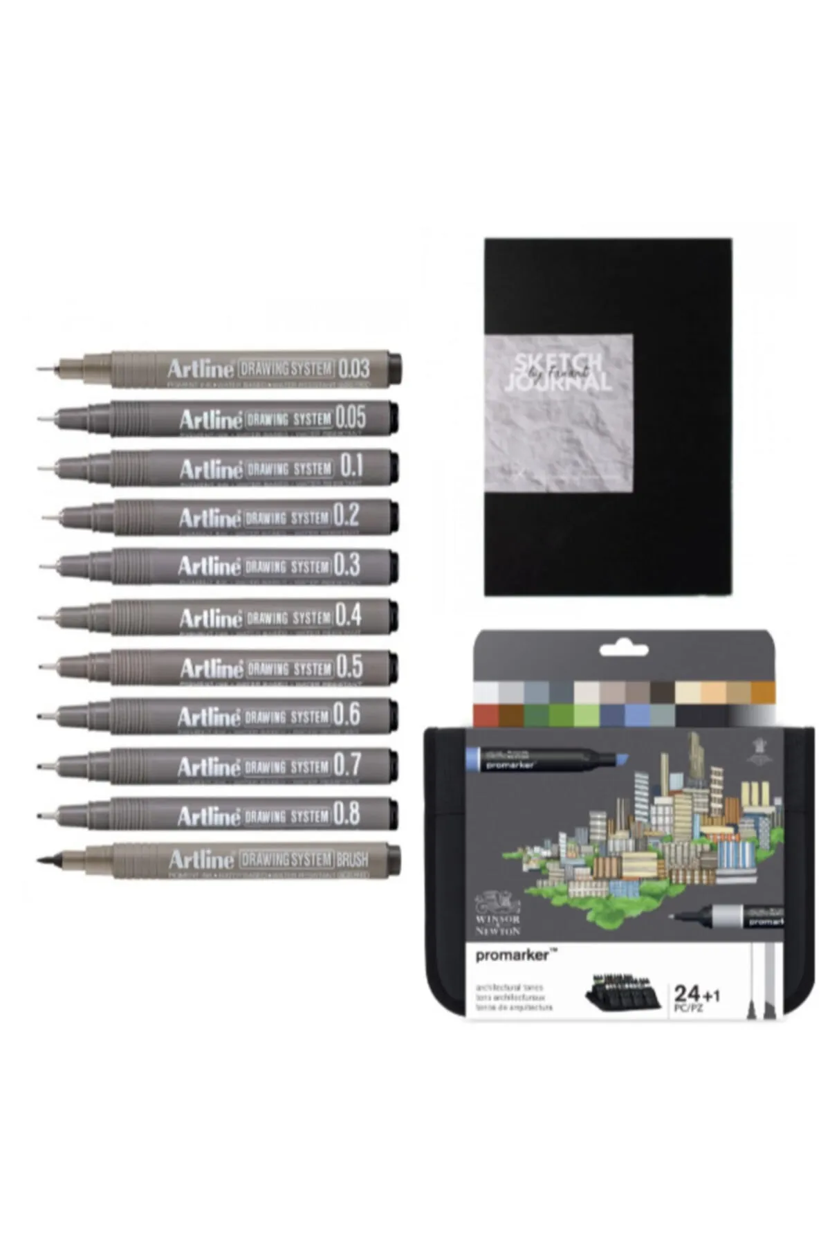 Winsor Newton Promarker Mimarlık Seti #3 (A4 Sketch Journal + Drawing 11'li + Mimari Tonlar 24'lü Set) + Cambridge Polo Club Lastikli Kalem Kutu Hediyeli
