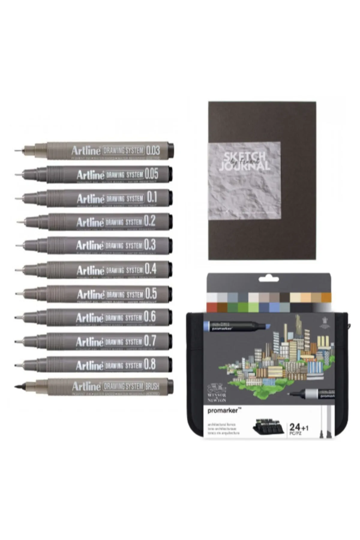 Winsor Newton Promarker Mimarlık Seti #3 (A4 Sketch Journal + Drawing 11'li + Mimari Tonlar 24'lü Set) + Cambridge Polo Club Lastikli Kalem Kutu Hediyeli